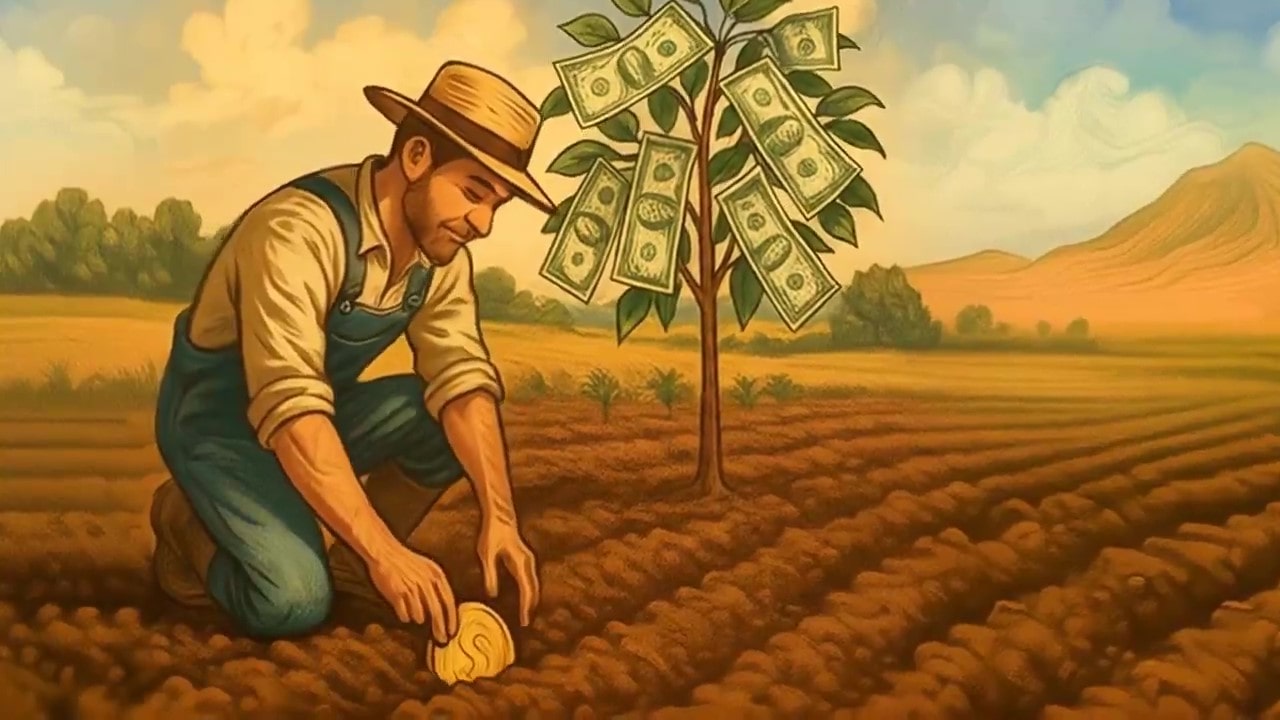 Animated background showing a farmer planting coin and a money tree growing